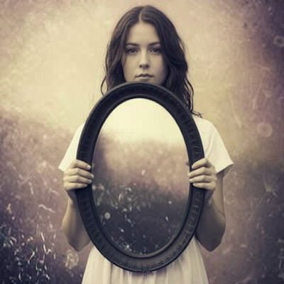 El espejo de los otros, aprender de mi mismo, una joven sosteniendo un espejo para que los otros se reflejen.